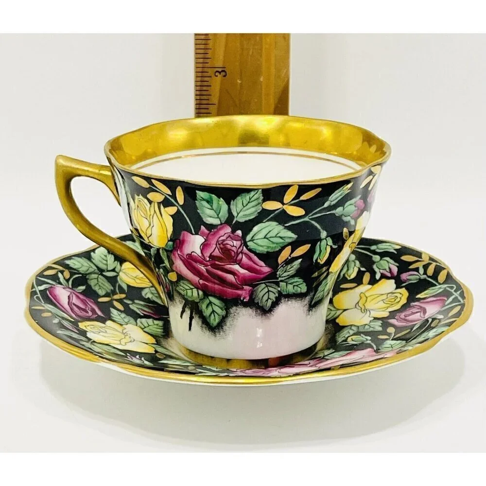 Vintage Rosina Pink & Yellow Roses Black & Gold Tea Cup & Saucer 4861 Bone China